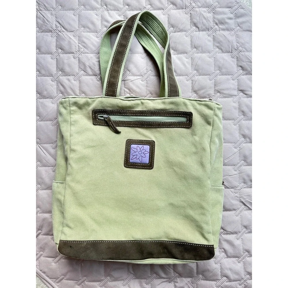 Vintage Sage Green Canvas Flower Tote Bag Brown Suede Trim‎ Y2K Aesthetic